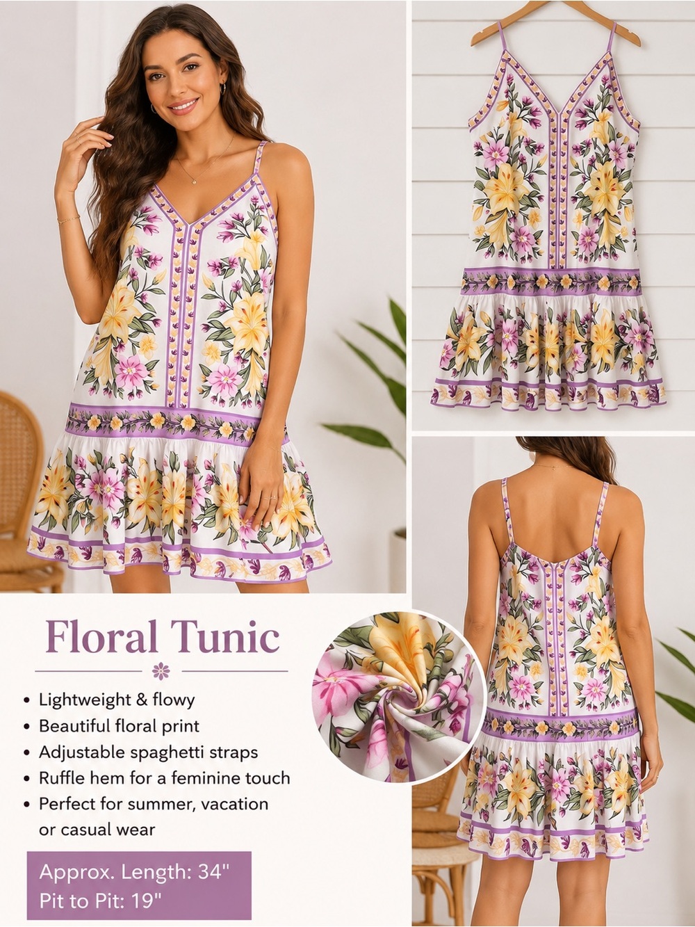 Floral V-Neck Spaghetti Strap Tunic Dress - White with Yellow & Purple Floral